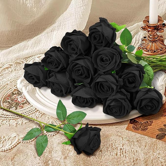 22 Pcs Artificial Roses - Realistic Velvet Flowers with Stems, Bulk Faux Roses for Home Wedding Party Decor (Black)