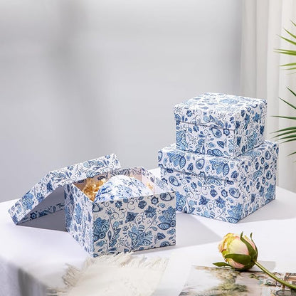 Briful Square Gift Boxes with Lids 4PCS Blue Flower Print Gift Box for Presents Nesting Assorted Sizes Present Boxes for Christmas Birthday Valentines Party Gift Wrap
