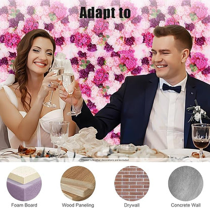 Flower Wall Panel Floral Backdrop,6pcs Champagne Flower Wall Decor,Silk Rose Wall, Artificial Flower Backdrop Faux Flower Panel for Wedding (6PCS Pink, Purple)