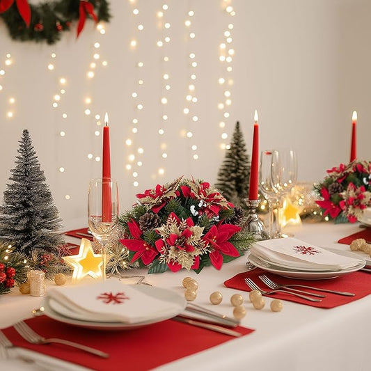 BLOSMON Poinsettias Christmas Flowers Decorations: 6 Pcs Red Gold Glitter Fake Christmas Floral Ball Centerpieces Artificial for Tables Silk Faux Poinsettia Holiday Flower Arrangement Xmas Plant Decor