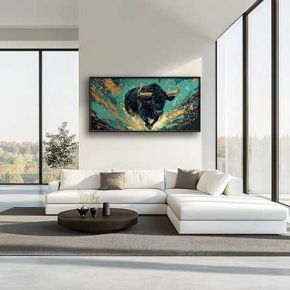 Large Highland Cow Wall Art for Living Room, Framed Oversized Bison Buffalo Wall Decor, Teal and Gold Canvas Painting Modern Artwork for Living Room Bedroom Office Dining Room 60"x30"
