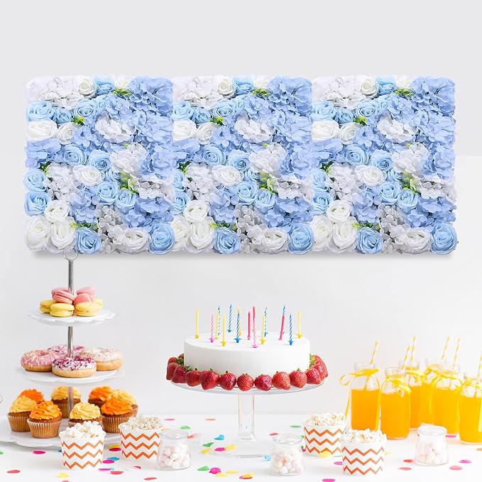 4Pcs Artificial Flower Wall Panel,3D 16" X 24" Silk Rose Mat Artificial Flower Wall,Rectangle Decorative Backdrop Flower Panels Wall for Bridal,Patio,Garden,Yard Decor (Blue, White)