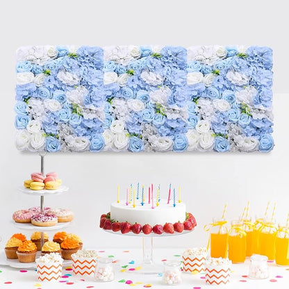 4Pcs Artificial Flower Wall Panel,3D 16" X 24" Silk Rose Mat Artificial Flower Wall,Rectangle Decorative Backdrop Flower Panels Wall for Bridal,Patio,Garden,Yard Decor (Blue, White)
