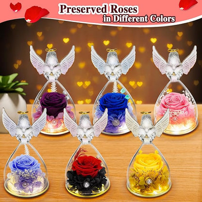 LURLIN Birthday Gifts for Women - Preserved Flowers & Glass Angel Figurines with LED Rose for Mom, Grandma, Wife, Friend, Teacher, Nurse, Anniversary Day Girls Gift
