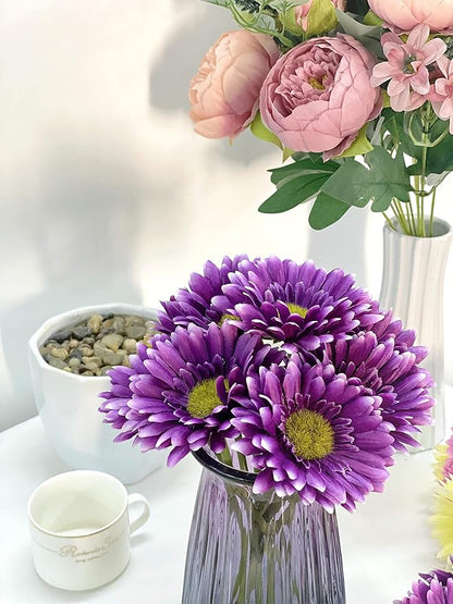 16PCS Purple Flowers Gerbera Daisy Silk Flowers Artificial Flowers Artificial Daisy Fake Flowers Bouquet for Wedding Bridal Bouquet Party Home Kitchen