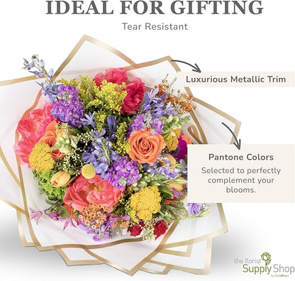 the florist Supply 20 Sheets Premium Flower Wrapping Paper | Waterproof Flower Wrapping Paper for Bouquets | Double Sided Floral Bouquet Sheets | DIY Gifts Borderline White/Gold