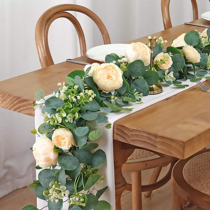 SOMYTING Artificial Flower Garlands Eucalyptus Garlands with Flowers Rose Peony Flower Vine Faux Floral Garland for Wedding Party Arch Table Wall Backdrop Decoration (Champagne, 4PCS)