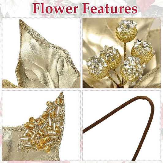 3 Pcs Artificial Christmas Flowers 11 Inch Glitter Poinsettia Picks Christmas Tree Ornaments Topper Decorations Champagne Poinsettias Flowers for Xmas New Year Wreath Garland Wedding Party Decor