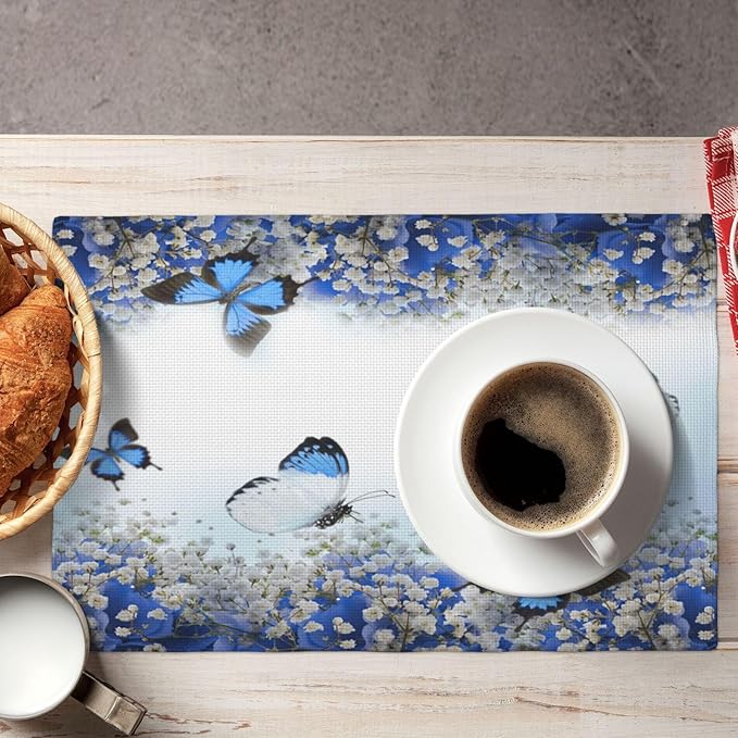 Blue Butterfly Flowers Placemats Set of 6,Spring Summer Flower Place Mats Washable for Kitchen Dining Table Heat Resistant Decorative Colth Table Mats 6 PCS, Style-3