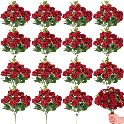 Zeyune 16 Bunches 12 Inch Artificial Mini Rose Bouquet 160 Heads Bridal Flower Bouquets Fake Silk Rose Bulk for Wedding Bridal Shower Christmas Home Office Garden Decoration(Red)