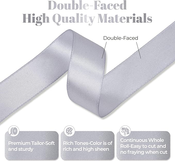Gray Satin Ribbon, Double Faced 7/8 Inch X 50 Yards Gray Ribbon, Premium Satin Ribbon for Gift Wrapping, Crafts, Hair Bow Making, Sewing, Flower Bouquet, Wedding Party Decor