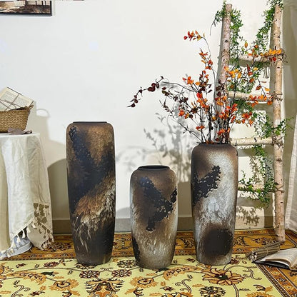 Black Rustic Ceramic Tall Floor Vase, 15.7 Inch Vintage Large Farmhouse Vase Pottery Clay Terracotta Rustic Vases for Home Decor Living Room Entryway Table Centerpieces,Kitchen,Housewarming Gifts