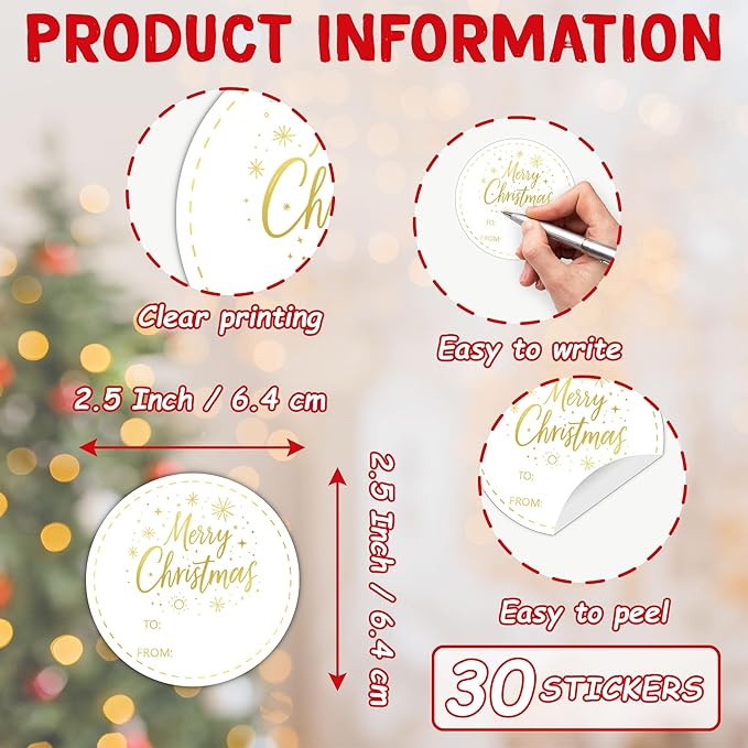 30 Pcs Gold Merry Christmas Gifts Tags Stickers, Christmas Name Tags for Gifts, 2.5x2.5 Inch Holiday Presents Sticker Labels, Festive Chrismas Name Tag for Gift Wrapping Bags Classroom-D31