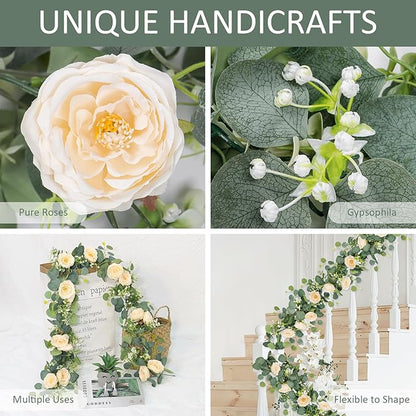 TOCHGREEN 2 Pack 12Ft Artificial Eucalyptus Flower Garland with Champagne Roses, Fake Rose Flower Greenery Garland Floral Vines for Wedding Home Party Table Runner Decor (2PCS, Champagne)