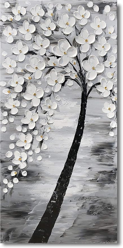 Yihui Arts 3D White Flower Canvas Wall Art Hand Painted Grey Paintings Vertical Artwork for Living Room Bedroom Hallway Decoration