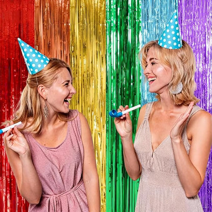 10 Pack Rainbow Party Backdrop Streamers Decorations Colorful Foil Fringe Curtains Metallic Tinsel Backdrop for Birthday First Day of School Engagement Baby Shower Christmas Holiday Party Decor