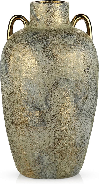 Large Ceramic Vase, 13.7" Tall Rustic Farmhouse Vase, Vintage Flower Vase with 2 Ears, Electroplated Terracotta Rustic Vases for Home, Living Room, Shelf, Mantel, Entryway, Wedding, Table Centerpiece