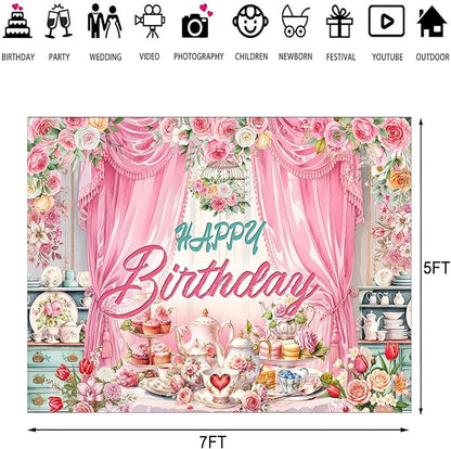 Tea Party Backdrop Let's Partea Happy Birthday Photography Background Wonderland Pink Rose Floral Teapot Women Tea Party Decor Banner Portrait Photo Booth Studio Props 7x5ft FU047YL