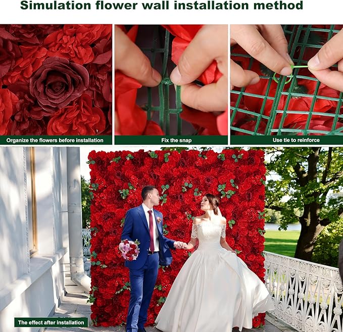 Red Flower Wall Backdrop 12 Piece of 16.5x16.5 Inch Artificial Floral Wall Panel Silk Rose Wall Decor Ideal for Wedding Celebrations, Festive Party Backdrops, and Home Decor