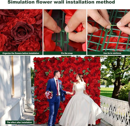 Red Flower Wall Backdrop 12 Piece of 16.5x16.5 Inch Artificial Floral Wall Panel Silk Rose Wall Decor Ideal for Wedding Celebrations, Festive Party Backdrops, and Home Decor