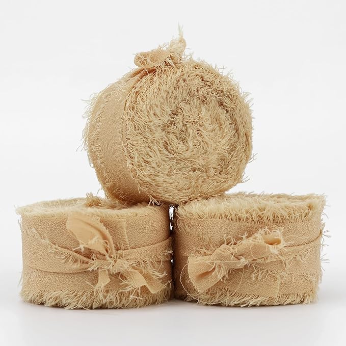 MEEDEE Beige Chiffon Ribbon 1 Inch Fringe Ribbons Cream Chiffon Silk Frayed Edge Ribbon Thin Chiffon Ribbons for Crafts, Gift Wrapping, Wedding Invitation (3 Rolls 21 Yards)