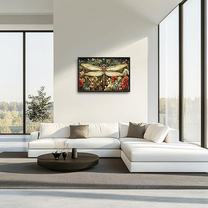 Dragonfly Floral Large Wall Art Framed Wall Decor for Living Room Dragonfly Pictures Oversized Canvas Print Painting Modern Extra Large Framed Artwork for Bedroom Office Home Decor 36"x24"