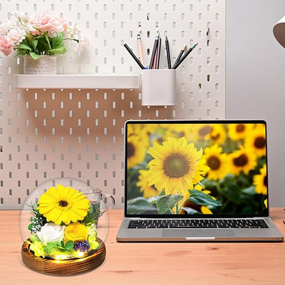 Sunflower Gifts for Women Mom Birthday Gifts for Her Preserved Real Flowers in Glass Dome with LED Strip, Forever Flowers Gifts for Wife Girlfriend Mom on Mother Day Birthday Valentine Day