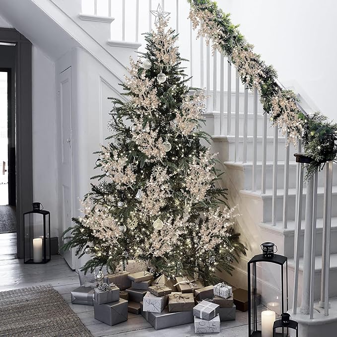 Hollyone 26.3” Christmas Tree Picks and Sprays 3Pcs Champagne Artificial Eucalyptus Stems Eucalyptus Leaves Branches Fake Leaf Floral for Vase DIY Xmas Tree Garland Wreath Centerpieces Wedding Decor