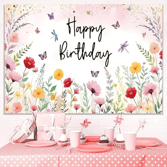 7x5ft Pink Floral Decoration Backdrop for Women Girl Birthday Party Spring Flower Bush Garden Theme Background Happy Birthday Photography Supplies Greenery Wildflower Banner