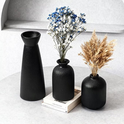 Christmas Black Ceramic Flower Vases Set of 3, Large Xmas Gift Vases with Vertical Stripe Texture, Modern Decorative Vases for Dried Flowers, Home Decor for Living Room Bedroom Kitchen Shelf