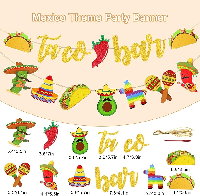Fiesta Taco Bar Banner Garland 2 set Mexican Fiesta Party Banner with Cactus Donkey Maraca Sombrero Taco Pepper for Mexican Cinco de Mayo Fiestas Theme Party Supplies