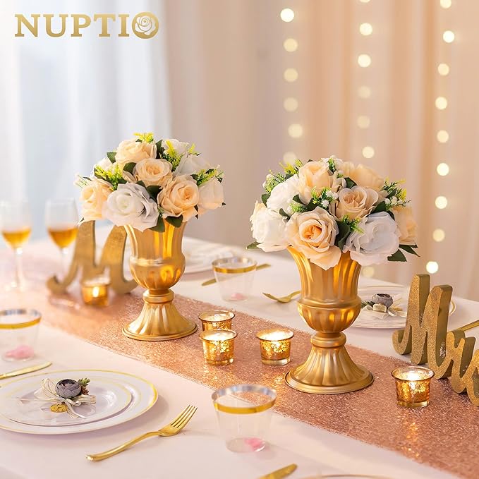 NUPTIO Artificial Flower Centerpieces for Tables: 10 Pcs Peachy Champagne & White Flower Ball Arrangement for Wedding Party - 9.5 Inch Diameter Floral Rose for Bridal Shower Decor