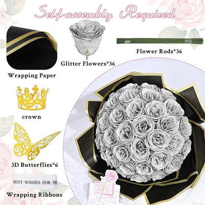 Waipfaru Glitter Roses Bouquet, DIY Fake Flowers Bouquet, Birthday Gifts for Women Mom, 36 Pcs Silver Rose for Grandma Wife Girlfriend Valentines, Mothers Day, Anniversary, Graduation
