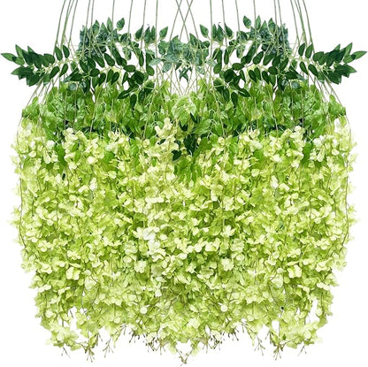 Artificial Wisteria Hanging Flowers Fake Wisteria Flower Garland Silk Vines Rattan Decor for Home Wedding Arch Wall Garden Greenery Bedroom Outdoor Office Party Decoration(24, Green)