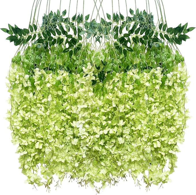 Artificial Wisteria Hanging Flowers Fake Wisteria Flower Garland Silk Vines Rattan Decor for Home Wedding Arch Wall Garden Greenery Bedroom Outdoor Office Party Decoration (12, Green)
