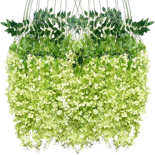 Artificial Wisteria Hanging Flowers Fake Wisteria Flower Garland Silk Vines Rattan Decor for Home Wedding Arch Wall Garden Greenery Bedroom Outdoor Office Party Decoration (12, Green)