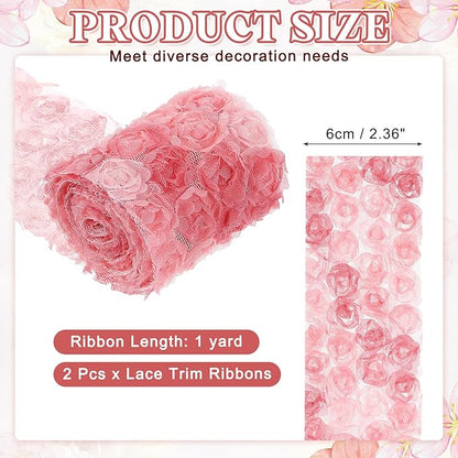 uxcell 2PCS Lace Trim Ribbon, 2.36 inch - 1 Yard 3D Rose Floral Embroidery Ribbons Edge Trimming for Sewing, Wedding Dress, DIY Crafts, Decoration Accessories, Color Red