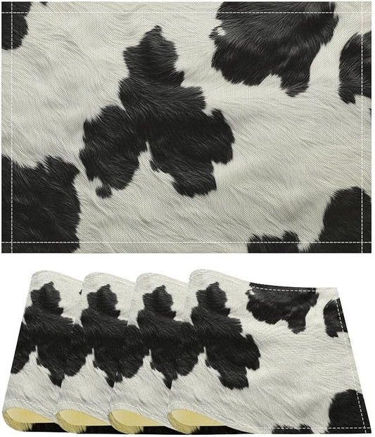 Cow Print Placemats Set of 4 Western Rustic Farmhouse Abstract Cowhide Print Art Printed Dining Table Mats for Restaurant Home Kitchen Holiday Decor 12x18in