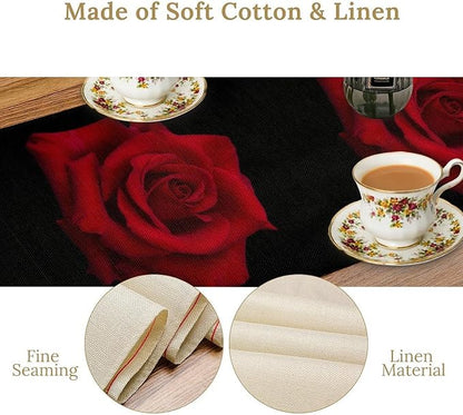 Red Rose Table Runner,Romantic Flower Black Table Runner for Indoor Outdoor Holiday Home Wedding Party 13x36 Inch