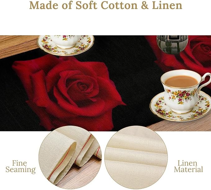 Red Rose Table Runner,Romantic Flower Black Table Runner for Indoor Outdoor Holiday Home Wedding Party 13x60 Inch