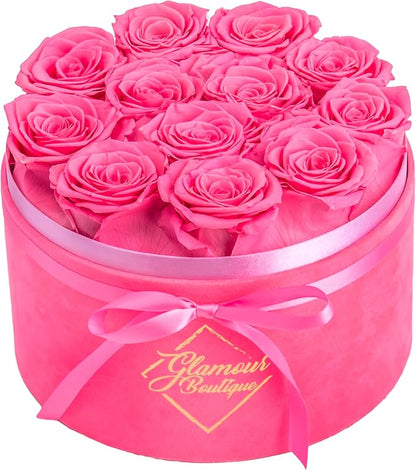 GLAMOUR BOUTIQUE Flower Forever Gift Box 12 Real Preserved Roses in Round Velvet White Box, Handmade, Rose Petals, Birthday, Marriage, Anniversary, Graduation - Velvet Pink