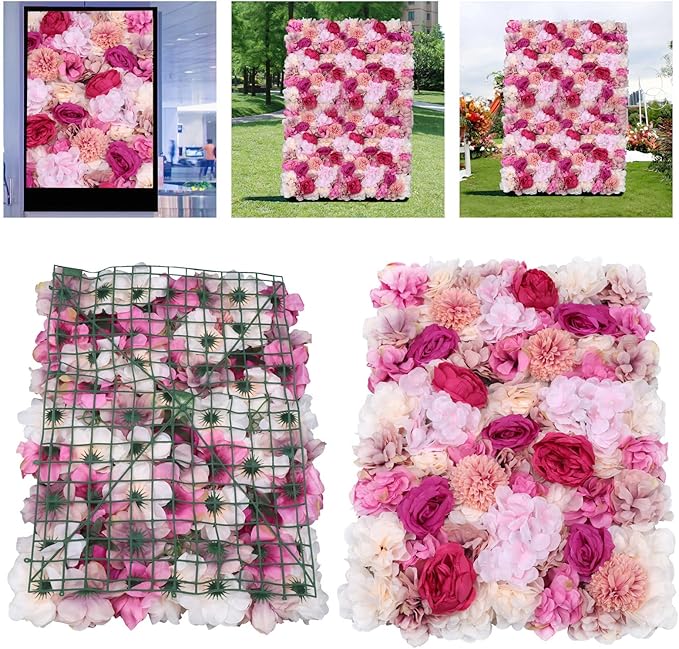 JJIESHENG Flower Wall Panels 3D Flower Wall Backdrop, 6Pcs Flower Wall Backdrop Floral Wall Artificial Flower Background Silk Rose Decor Faux for Wedding Home Decoration (Fuchsia, 23.6 * 15.7in)