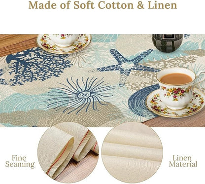 Nautical Coastal Table Runner，Ocean Themed Starfish Coral Conch Beach Kitchen Dinning Table Decoration for Indoor Outdoor Home Party Decor 13x90 Inch