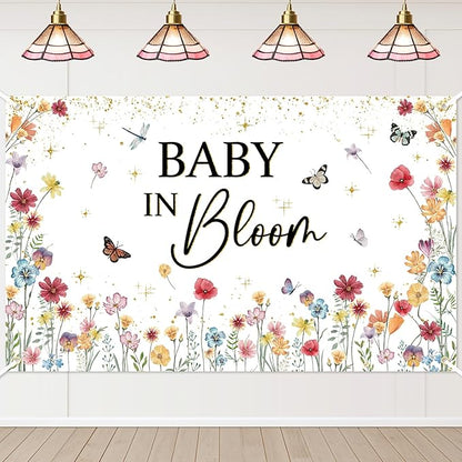 Avezano Wildflower Baby in Bloom Backdrop Banner Wildflower Baby Shower Party Decorations for Girls Gold Glitter Butterfly Spring Floral Baby in Bloom Party Supplies (6x3.6ft)