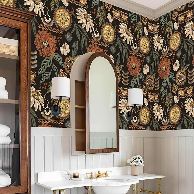 JiffDiff Boho Peel and Stick Wallpaper 17.3" x 120" Vintage Sun Floral Retro Removable Contact Paper Dark Botanical Flowers Bathroom Bedroom Renter Friendly Wall Mural