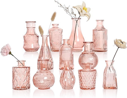 Pink Bud Vases in Bulk 12, Vintage Small Vases for Flowers, Clear Mini Glass Vase for Centerpieces, Decorative Embossed Flower Vase for Wedding Table Decoration, Baby Shower, Birthday Party