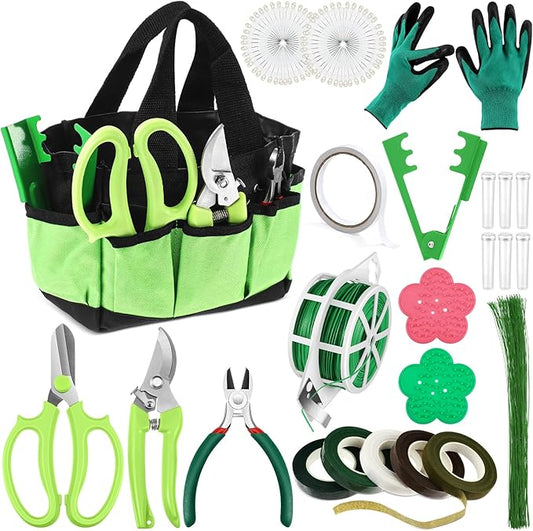 WILLBOND 207 Pcs Flower Arrangement Supplies Christmas Green Florist Garden Tools Gift Kit for Women Include Bag Thorn Remover Rose Stripper Outdoor Hand Tools Stem Pruning Shear Gloves Stem Wire Etc