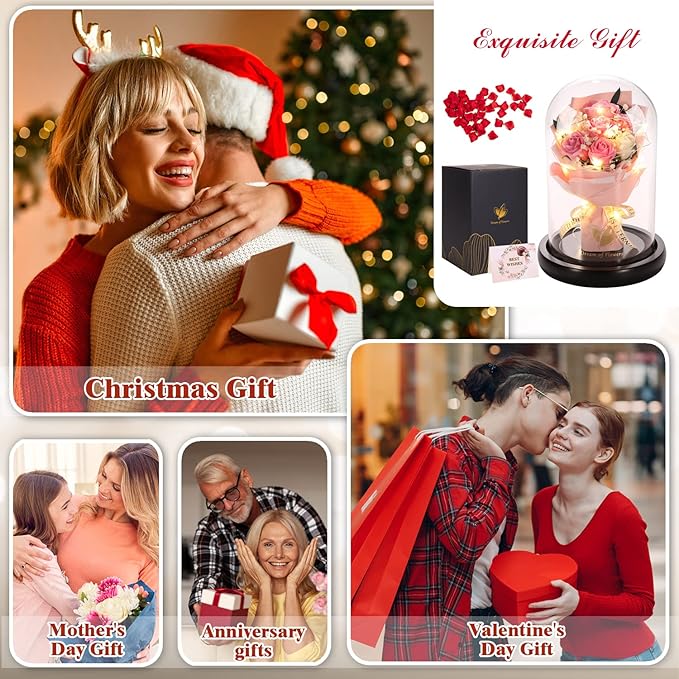 Christmas Rose Gifts for Her,Christmas Flower Gifts for Women,Forever Flowers Rose in Glass Dome with 2 Light Modes,Light Up Rose Valentines Anniversary Birthday Gifts for Women, Mom,Wife,Girlfriend