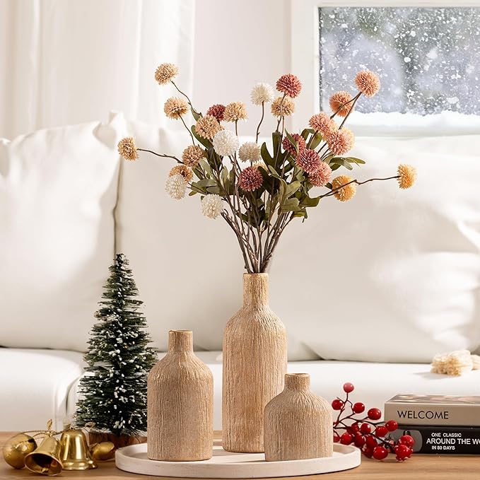 Ceramic Vase Home Table Decor - Gold Flower Vase Set of 3 Living Room Kitchen Decorations Farmhouse Modern Rustic Vases Decorative Centerpiece for Shelf Bedroom Office Bathroom Dining Coffee Desk