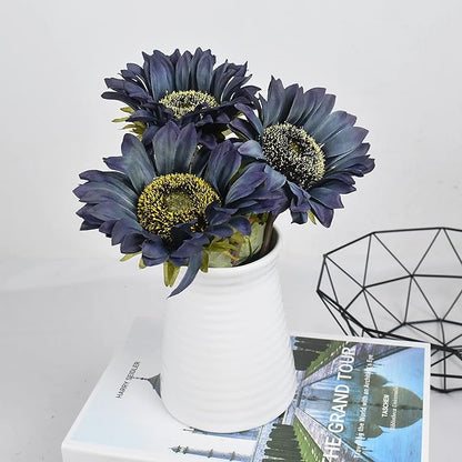 Blue Artificial Sunflower Flowers 8 Pcs Single Long Stem Silk Fake Sunflowers Bridal Wedding Bouquet Fake Yellow Flower Arrangements for Outdoor